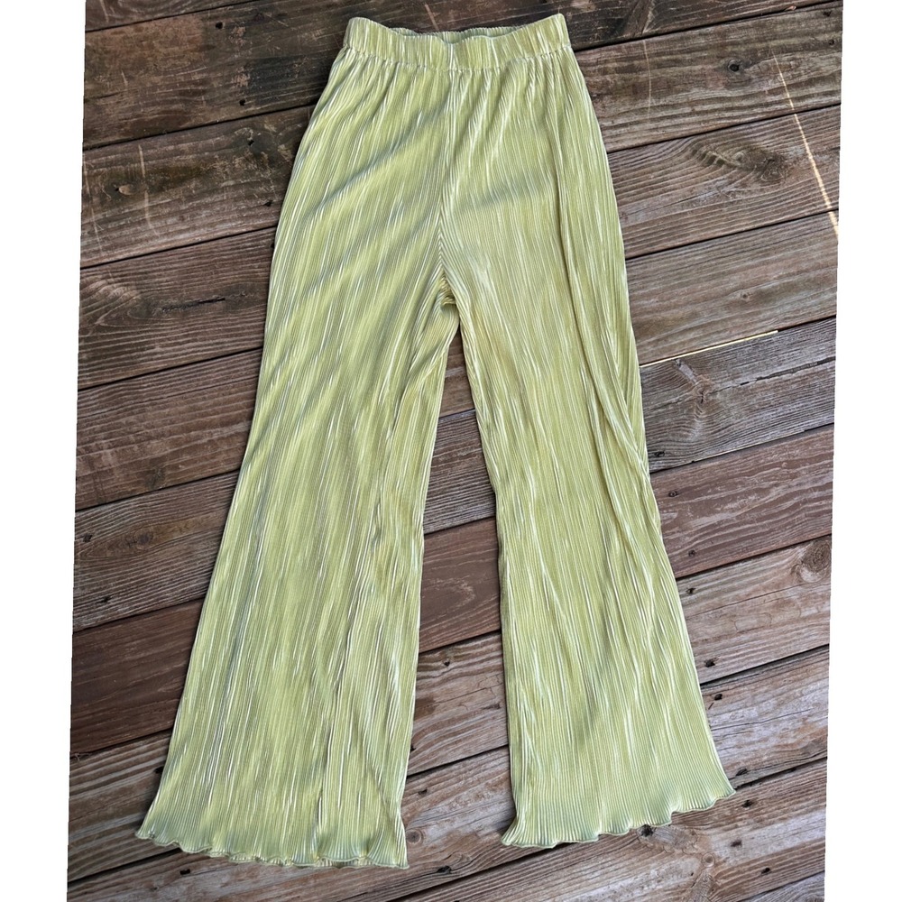 Peppermayo Lime Green Plisse Pleated Wide Leg Pants High Rise US 4